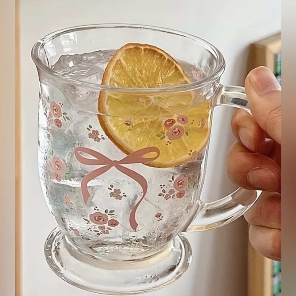 Floral Glass Mug with Pink Bow Design - Picture 2 of 3